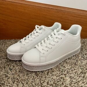 White Platform Sneakers with Rhinestone Sole